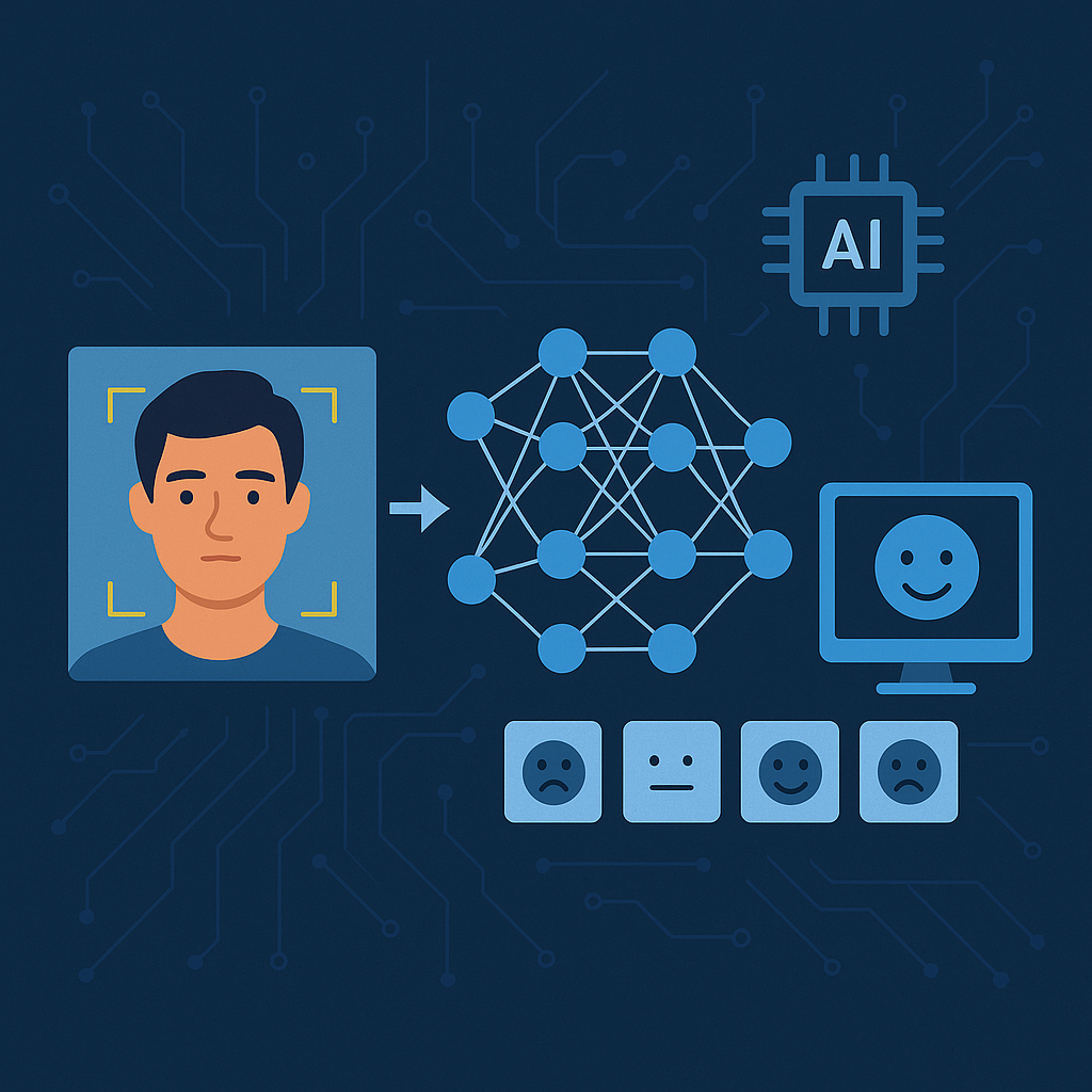 Illustration of a facial emotion recognition system using a lightweight neural network architecture, showing a face input, neural network diagram, and emotion output icons.
