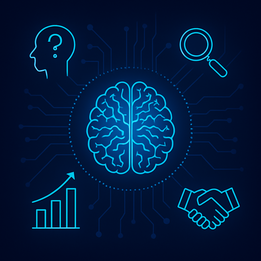 A glowing digital brain icon in the center surrounded by symbols representing analysis, trust, performance, and human reasoning, illustrating the concept of Explainable Artificial Intelligence.