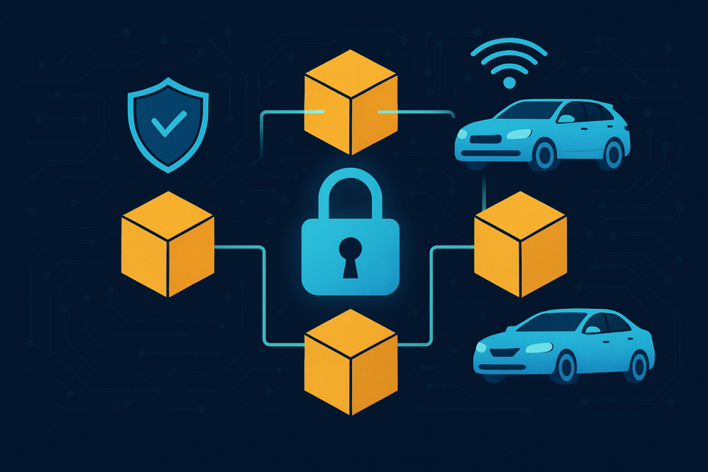 Illustration of connected vehicles secured through blockchain nodes, showing a network of cars, digital blocks, and encrypted links representing trust and communication in IoV systems.
