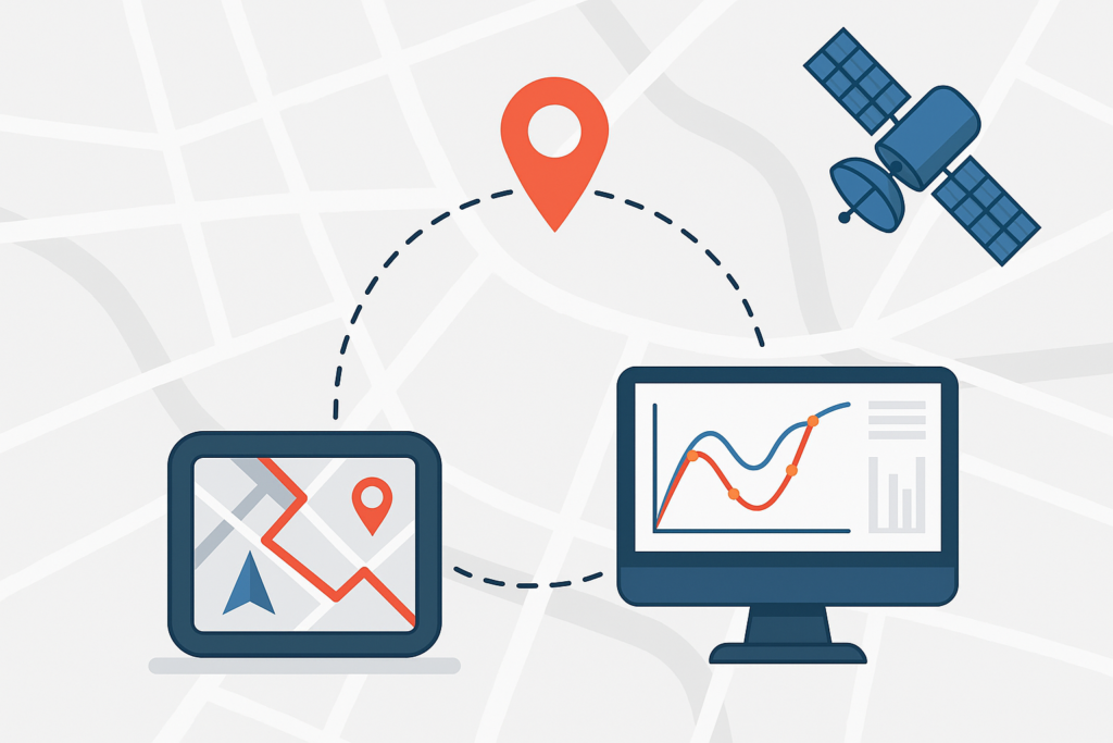 Illustration of a GPS navigation device, a computer showing curve analysis, a location pin, and a satellite representing Frechet distance computation and precise map matching using RTKLIB.
