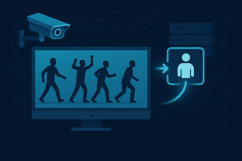 Illustration of a smart surveillance system analyzing human movement patterns on a monitor, supported by transfer learning and AI-powered activity recognition.