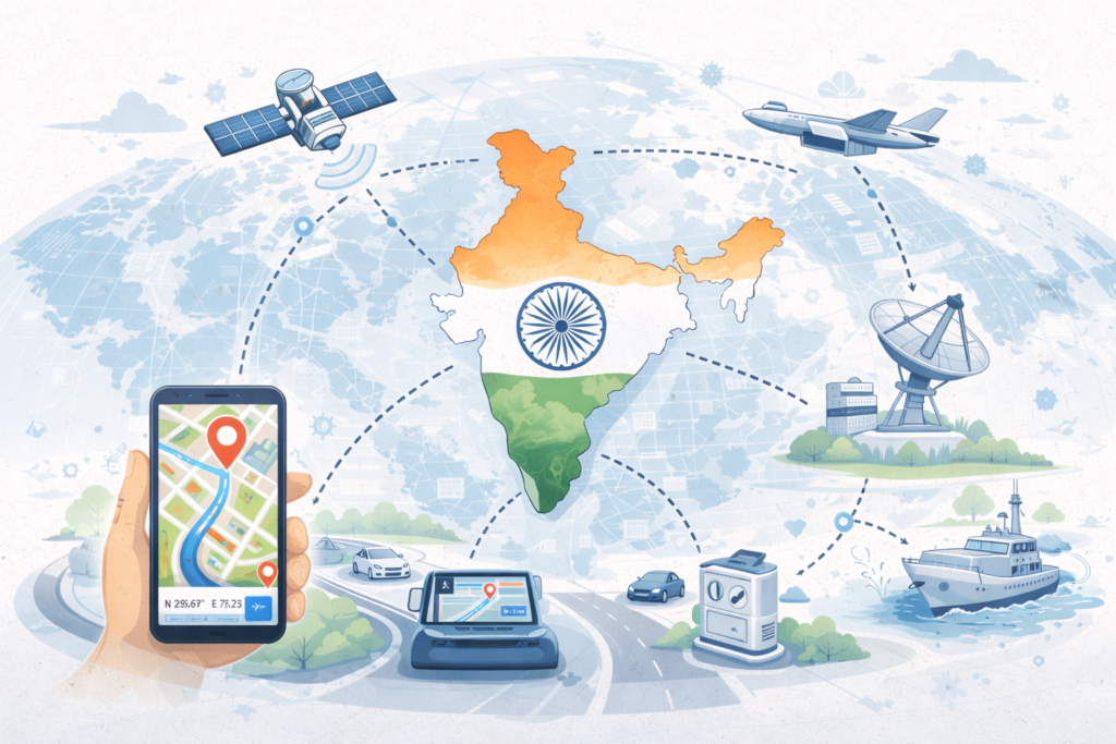 Illustration showing the Indian map at the center with navigation satellites transmitting signals to vehicles, smartphones, aircraft, ships, and ground stations representing the IRNSS network.