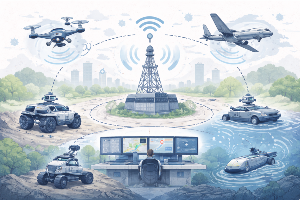 Illustration showing radar-based monitoring of unmanned systems, including drones, autonomous vehicles, and control stations connected through radar signal waves.