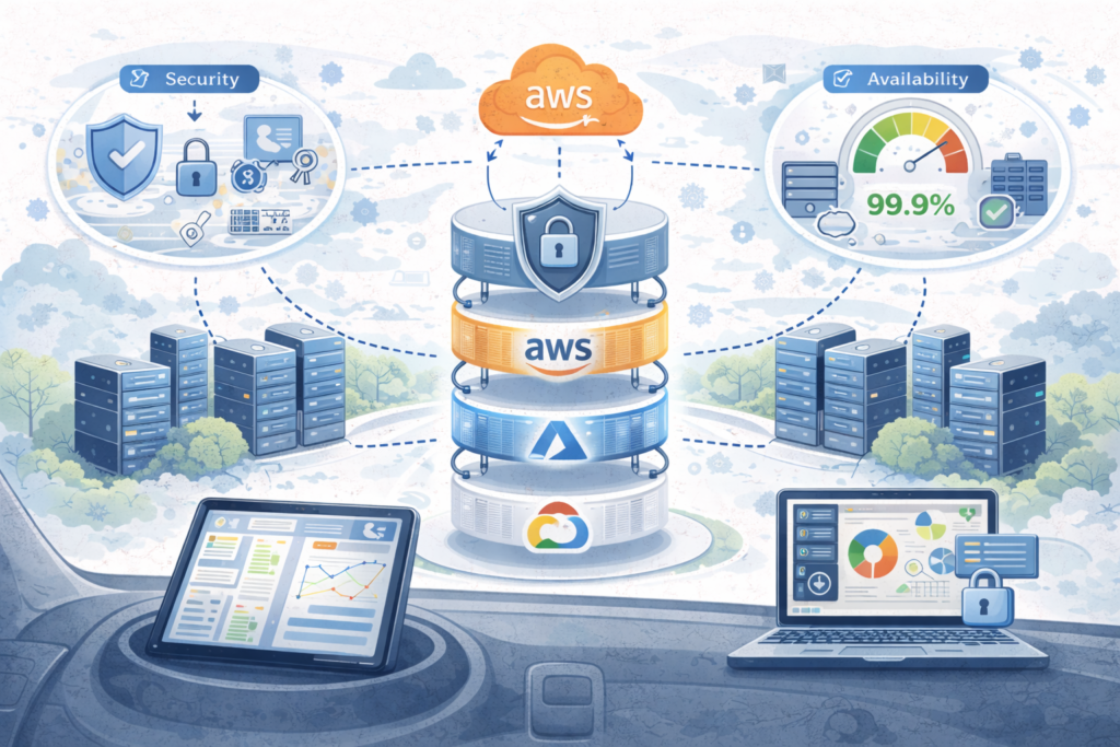 Illustration of a tiered multi-cloud database architecture showing interconnected cloud platforms, secure data layers, and availability monitoring dashboards.