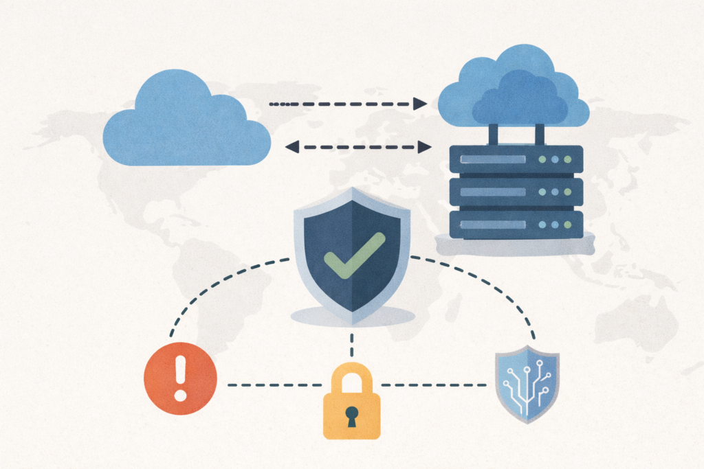Illustration showing fog computing nodes positioned between cloud servers and end devices, with security shields and data flow lines representing enhanced protection in cloud-based applications.
