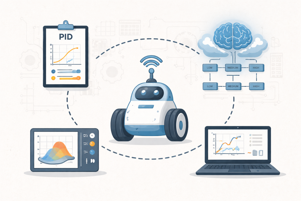 Illustration of a wheeled mobile robot controlled by intelligent feedback systems, with fuzzy logic blocks, PD controller charts, and performance graphs connected wirelessly.