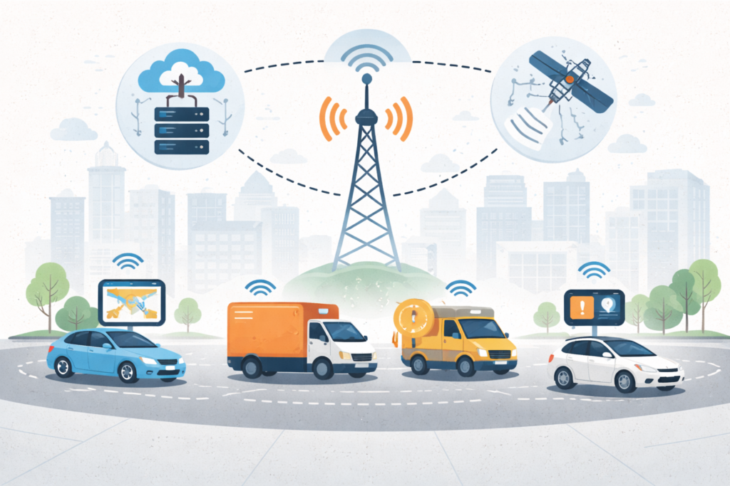 Illustration showing connected vehicles exchanging data through a vehicular edge network, with wireless signals linking cars, roadside units, cloud servers, and satellite communication.