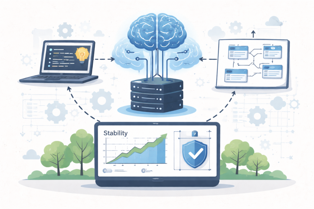 Illustration showing a deep learning model connected to object-oriented software diagrams, code structures, and a stability performance dashboard.