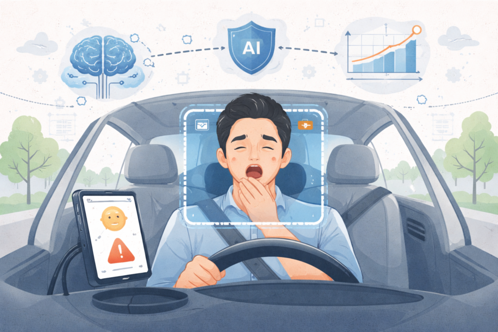 Illustration showing a driver inside a car monitored by an AI system, with facial detection markers, eye-tracking indicators, and an alert notification signaling drowsiness detection.