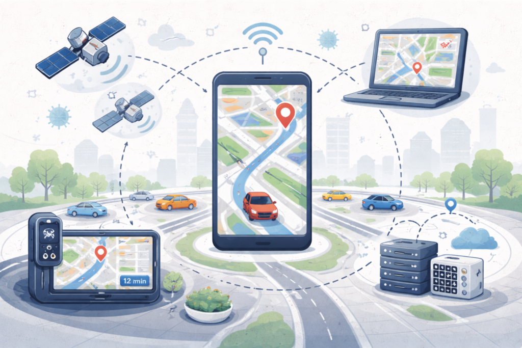 Illustration showing a smartphone at the center of a road network map, with vehicles, satellites, and connected devices highlighting real-time map matching and location tracking.