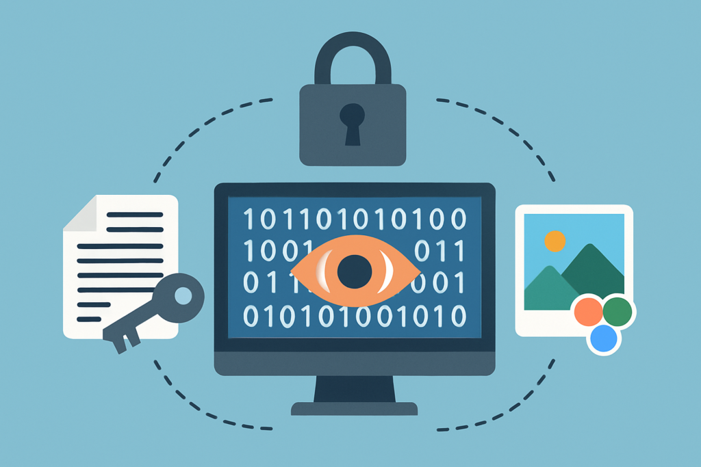 Illustration of cybersecurity encryption showing a computer with binary data, a lock icon, a text document with a key, and an image card linked by dotted lines representing steganography and RGB-based text-to-image encryption.
